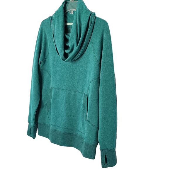 L.L. Bean Cozy Pullover Women's Sweatshirt Cowl Neck Thumb Holes Teal Green PM - Picture 2 of 5